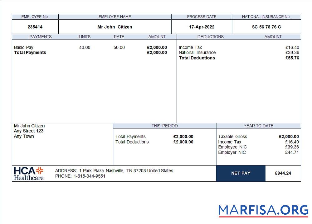 Realistic USA healthcare company employee sheet example
